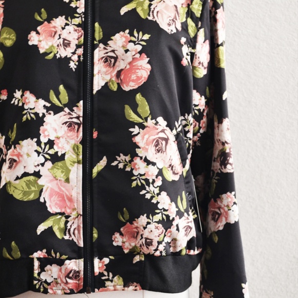 Black Rose Floral Satin Bomber Jacket - Picture 3 of 7